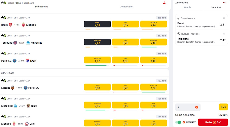 Paris combinés freebet